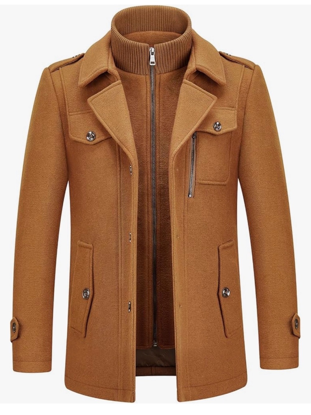 Men's Camel Wool Blend Military-Inspired Pea Coat size M